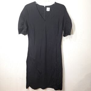 Cabi Samantha Minimalist Dress M Black 3827 Stretch V Neck Ruched Sleeve Pockets